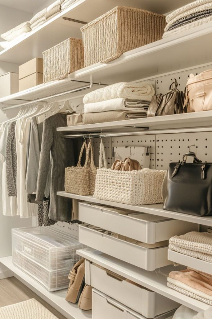 Organized closet with neatly folded clothes, woven baskets, handbags, and hanging garments on white shelves.