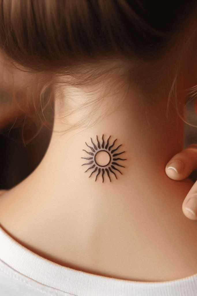 10 Simple Small Neck Tattoo Ideas for Women - tattoopassionate_blog Neck tattoo of a minimalist black sun design on the nape, highlighted against light brown hair. | Sky Rye Design Neck tattoo of a minimalist black sun design on the nape, highlighted against light brown hair.