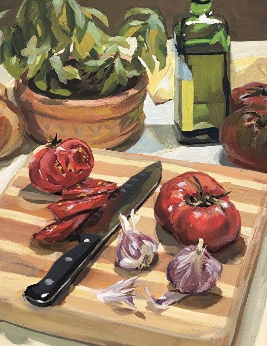 Cutting board with knife, sliced tomatoes, garlic cloves, olive oil, and potted plants; kitchen still life scene.