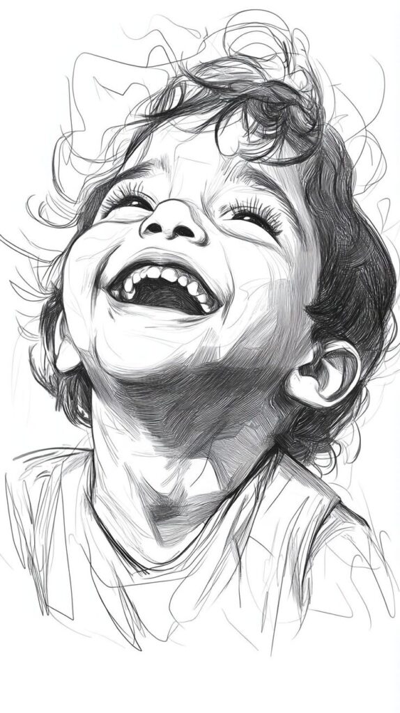 Black and white sketch of a joyful child laughing with head tilted back and mouth open.