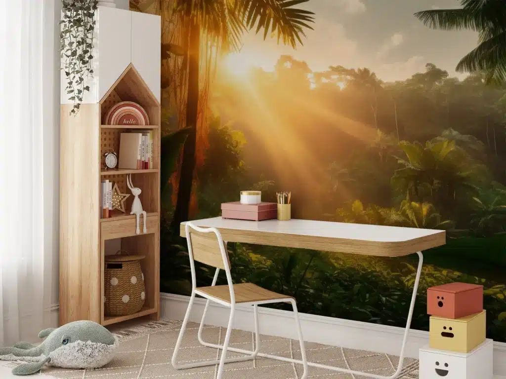 Modern children's study space with jungle-themed wallpaper, wooden furniture, and playful decor elements.
