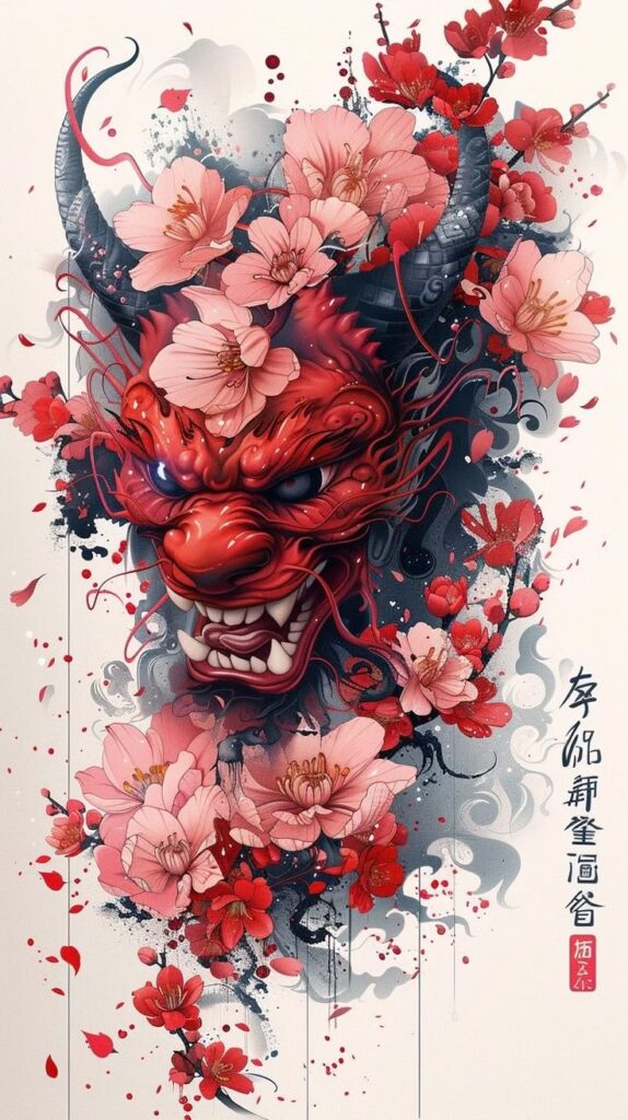 Red demon mask surrounded by pink cherry blossoms and swirling smoke in a vibrant, artistic style.
