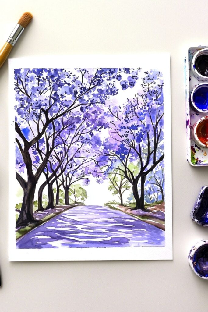10656d9d10486ea7eccb10fa75d9d4d7 Watercolor painting of a serene purple tree-lined path with paintbrush and palette nearby. | Sky Rye Design Watercolor painting of a serene purple tree-lined path with paintbrush and palette nearby.