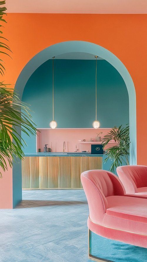 Colorful modern interior with orange arch, teal and pink walls, velvet chairs, and stylish pendant lights.