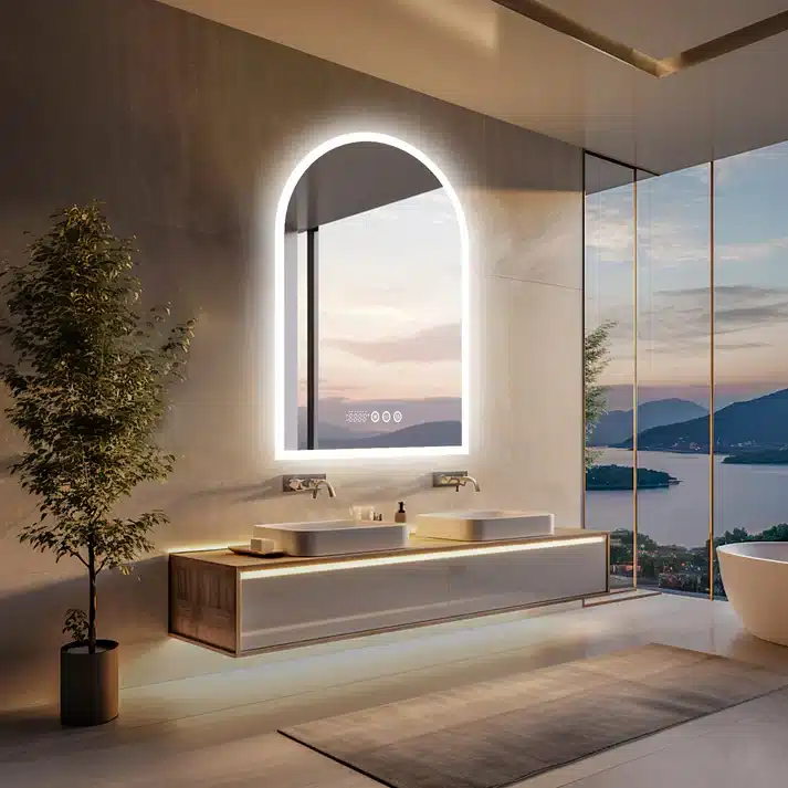 10_016d840d-b43c-4823-bcb7-a9720727281a Modern bathroom with LED mirror, sleek double sinks, lake view through large windows at sunset. | Sky Rye Design Modern bathroom with LED mirror, sleek double sinks, lake view through large windows at sunset.