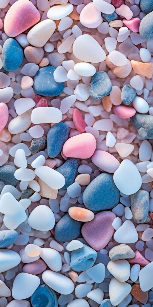 Colorful sea glass pebbles in pink, blue, and white create a mosaic on a sandy beach background.