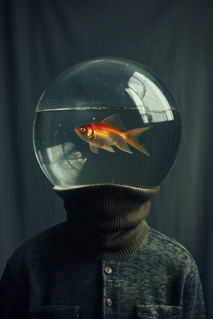 Person wearing a fishbowl helmet with a goldfish inside, dark background, creative surrealism.