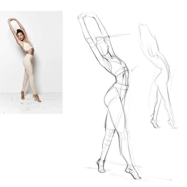 Woman stretching in activewear beside sketch illustration, showcasing pose and artistry.