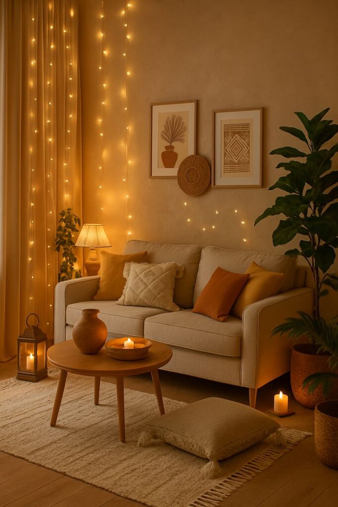 Cozy living room with string lights, a beige couch, cushions, candles, and framed wall art for warm ambiance.
