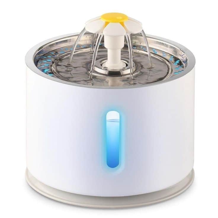 Modern pet water fountain with LED light, white design, and flower spout for cats and dogs.