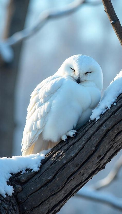 Snowy owl resting on a snow-covered branch in a winter forest setting.