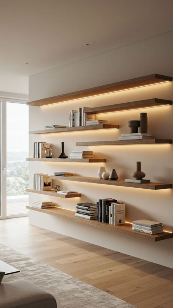 Modern living room with floating wooden shelves and ambient lighting displaying books and decor.