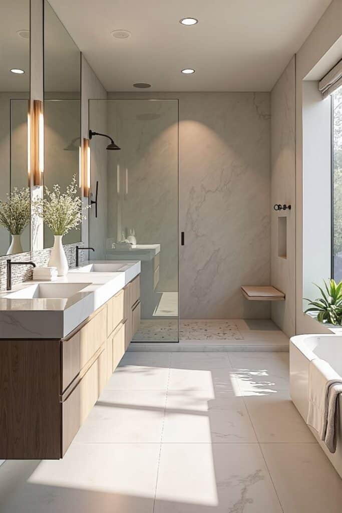 119d5329-58fb-4104-bdcf-62e8a202efff Modern bathroom with glass shower, double sinks, wood cabinetry, and natural light. | Sky Rye Design Modern bathroom with glass shower, double sinks, wood cabinetry, and natural light.