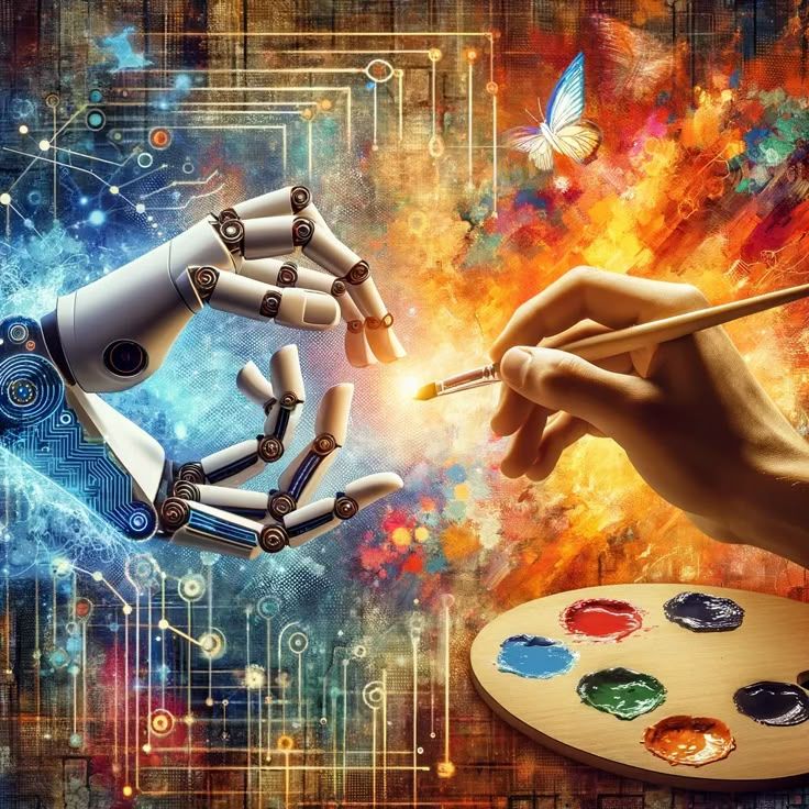 Robotic and human hands collaborate in art creation, merging technology and creativity with vibrant colors and a butterfly.