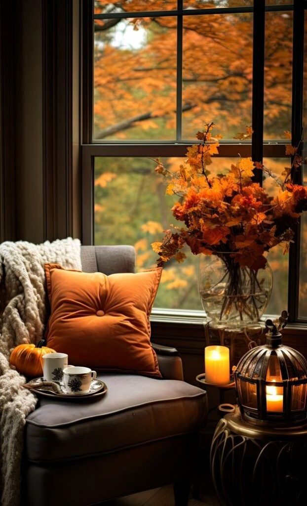Cozy autumn reading nook with orange pillow, blanket, candles, and fall foliage by a window overlooking colorful leaves.
