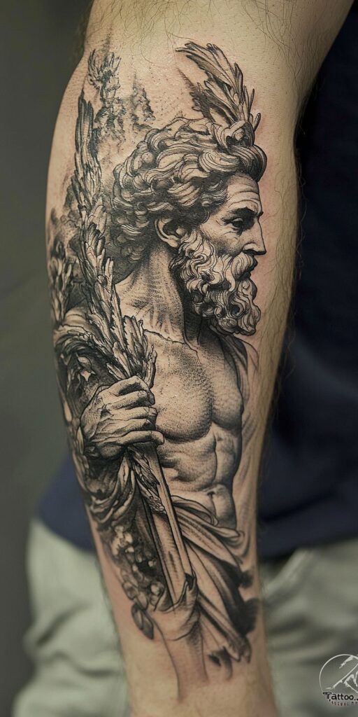 Intricate tattoo of an ancient bearded figure holding wheat, symbolizing strength and mythology on forearm.