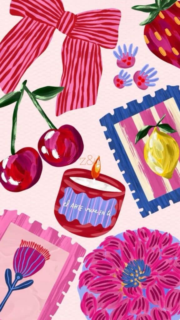 Colorful illustration featuring cherries, a striped bow, candle, and flowers on a pastel background for a vibrant design.