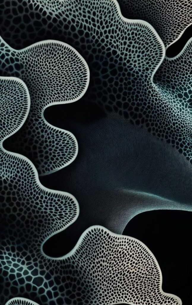Abstract organic pattern resembling interconnected coral-like structures, in shades of black and white.