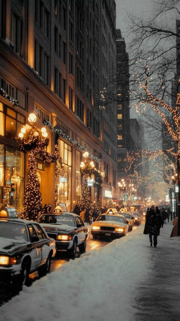 Snowy city street with taxis and festive lights adorning buildings and trees, creating a cozy winter atmosphere.