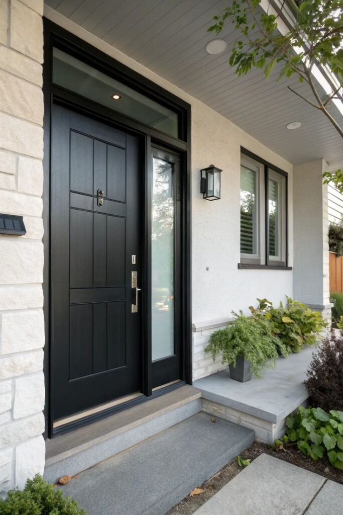 Modern black front door with side window panel, potted plants, and exterior light fixture on a sleek porch.