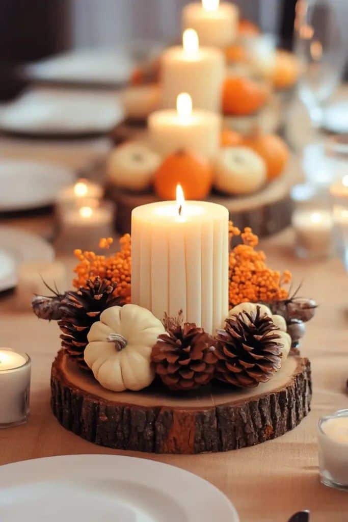 Elegant autumn table centerpiece with candle, pinecones, and mini pumpkins on wooden base. Cozy fall decor idea.