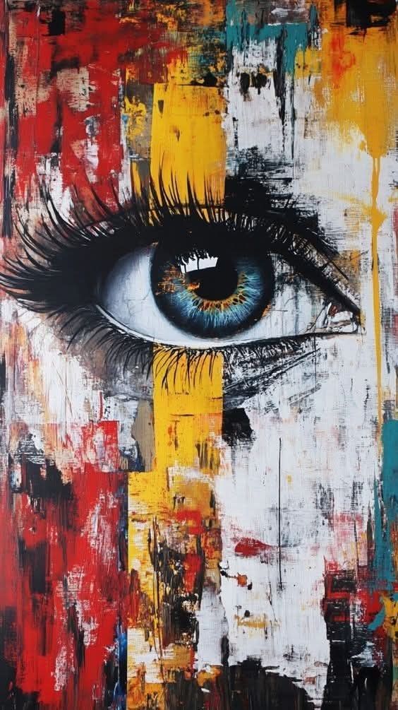 Abstract eye painting with vibrant red, yellow, and blue brushstrokes, creating a striking visual contrast.