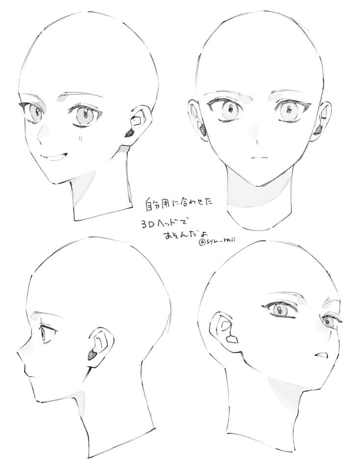 Four anime-style head sketches showing different angles with various facial expressions, drawn in black and white.