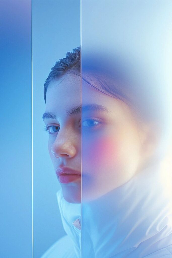 Portrait of a person with soft blue and pink lighting, partially obscured by a glass panel, creating a dreamy effect.
