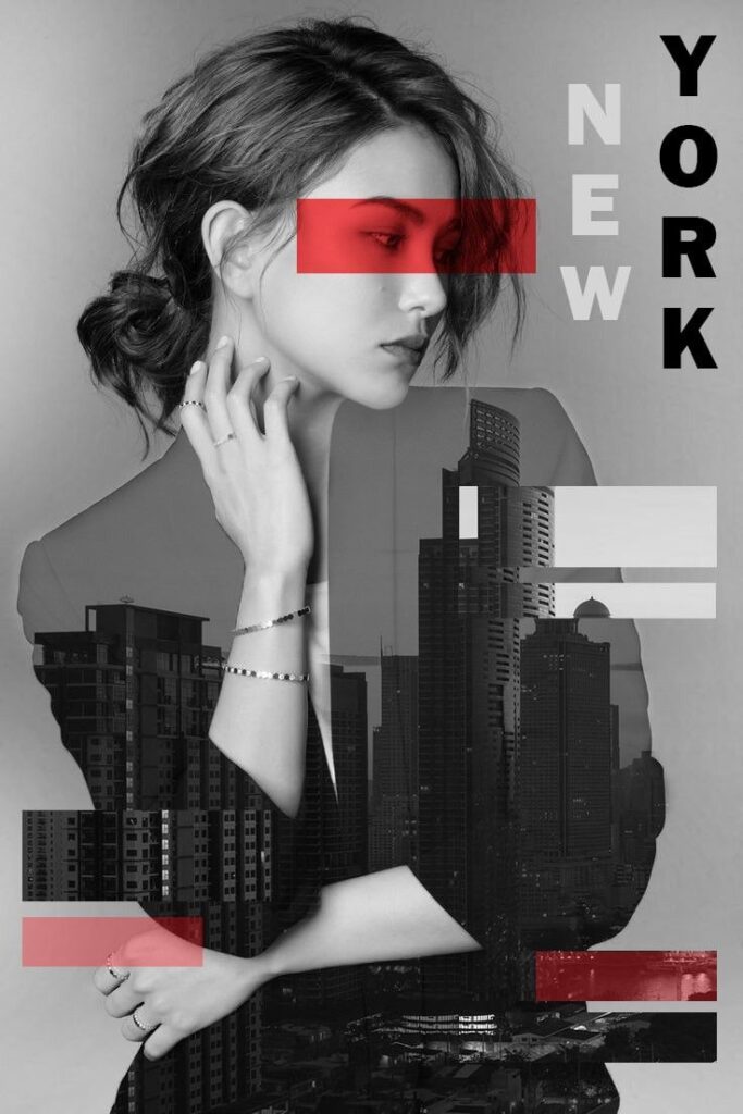 Black and white artistic collage of a woman and a New York cityscape, with red accents and bold New York text.