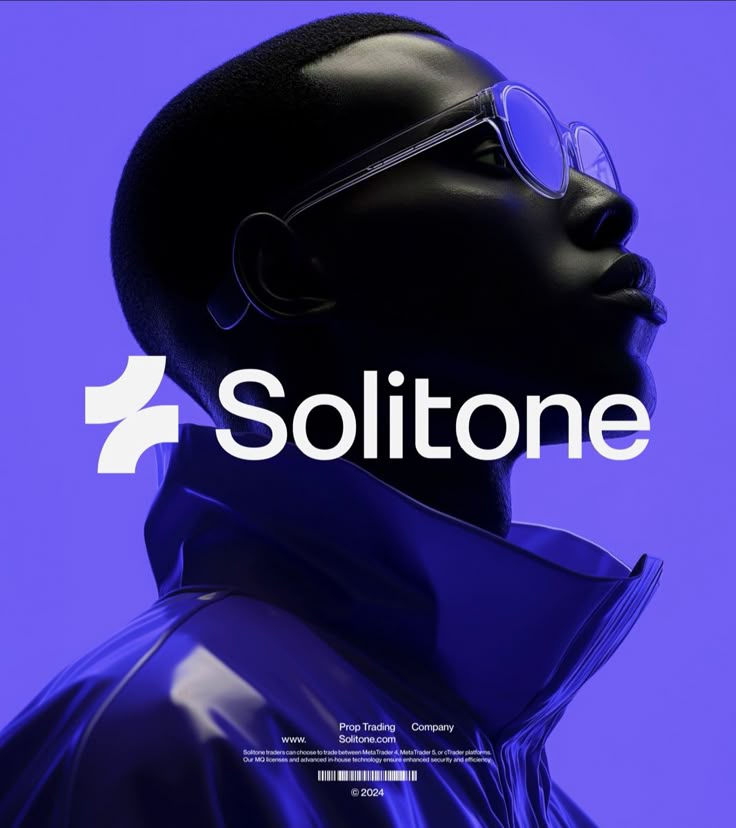 Futuristic profile of a person in sunglasses with Solitone logo, vibrant blue background. Solitone Prop Trading 2024.