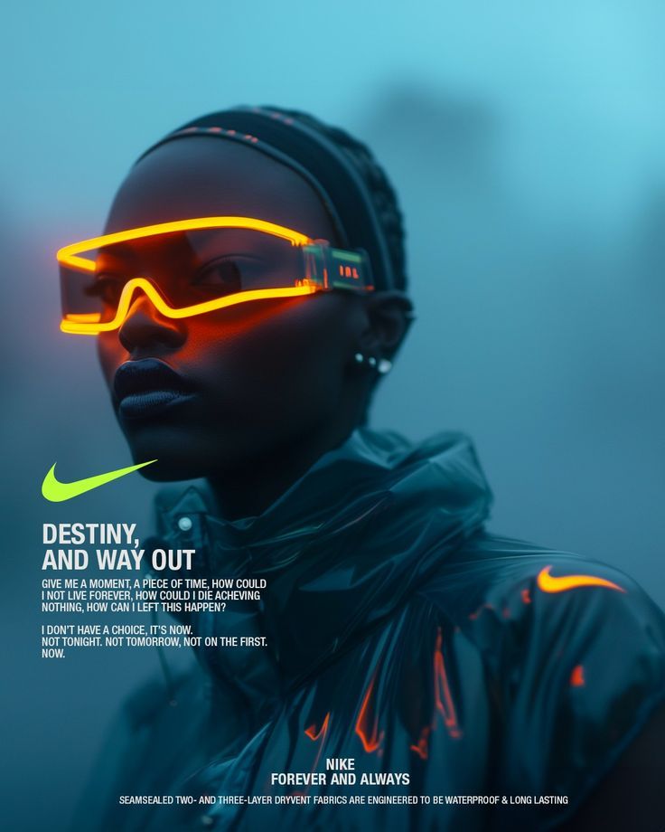 Person wearing futuristic neon glasses and a Nike rain jacket with bold text overlay, emphasizing destiny and choice.