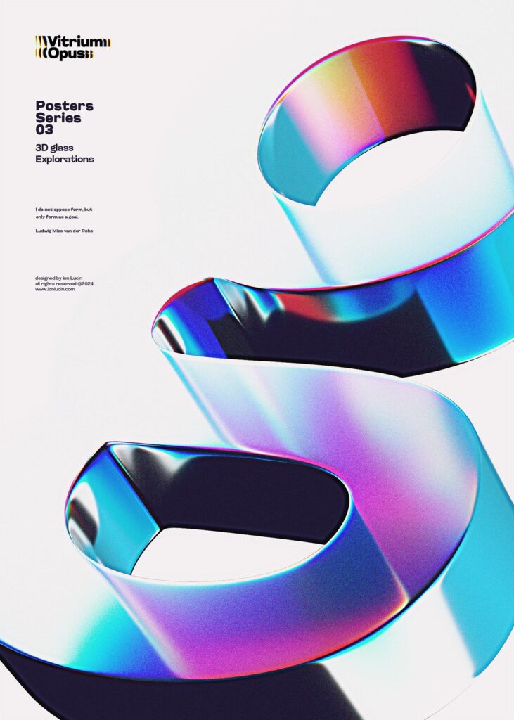 Abstract 3D glass art poster with vibrant iridescent colors, part of Vitrium Opus Series by Ion Lucin.