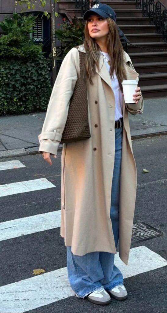 12de871b-925c-4775-84d4-45e5c466eef4 Woman in long beige coat and cap holding coffee on a city street, casual and stylish autumn outfit. | Sky Rye Design Woman in long beige coat and cap holding coffee on a city street, casual and stylish autumn outfit.