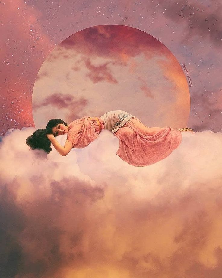 Dreamy woman in pink dress sleeping on clouds, with a large sun and starry sky background. Surreal, peaceful atmosphere.