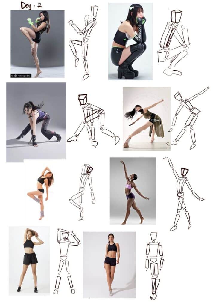 Dancers strike dynamic poses, showcasing movement with sketches; a study in form and motion, Day 2 practice.