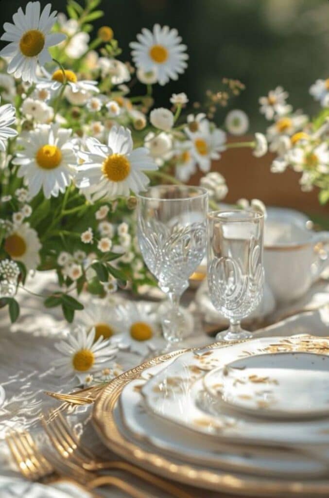 Elegant table setting with daisies, crystal glasses, and gold-rimmed plates in a sunny outdoor garden setting.