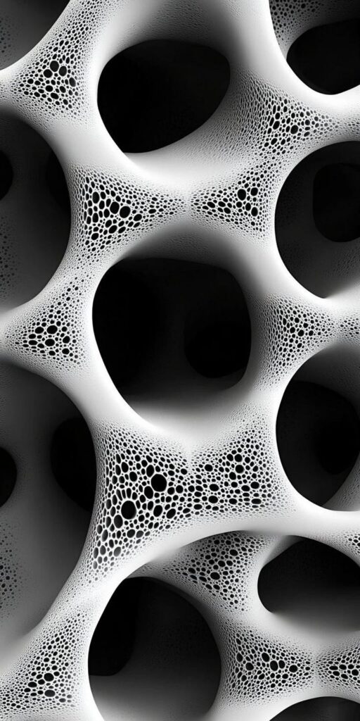 Close-up of a textured, porous abstract structure in grayscale with intricate patterns and large hollow spaces.