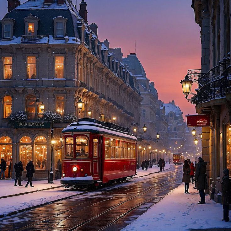 Historic red tram in snowy European city street, illuminated by warm streetlights at dusk.