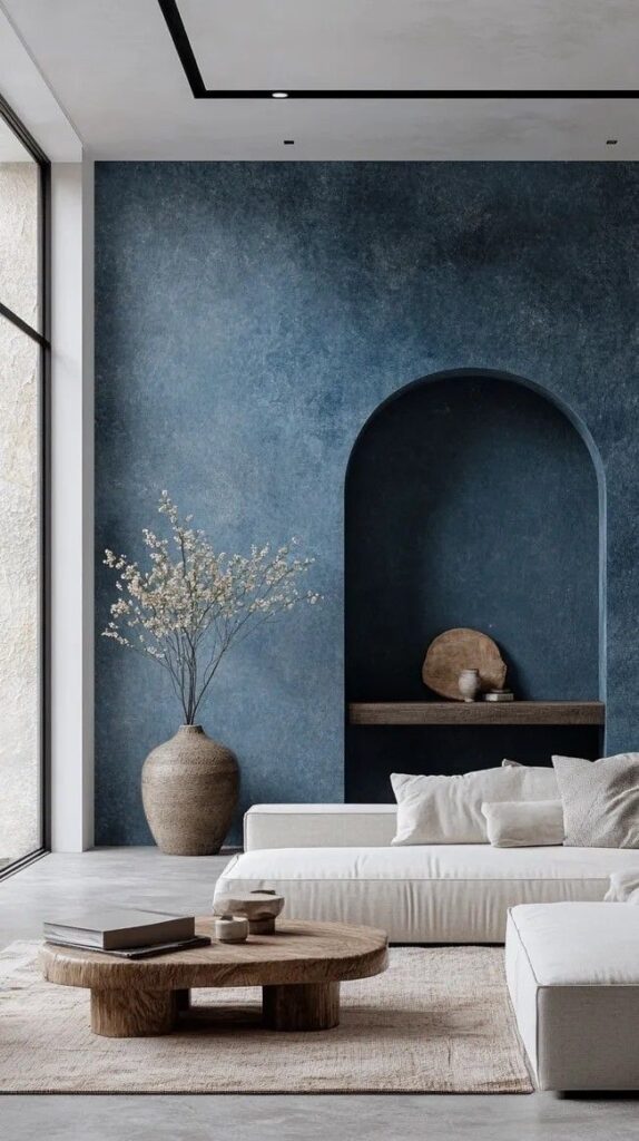 Modern living room with minimalist decor, featuring a blue accent wall, white sofa, and wooden coffee table.
