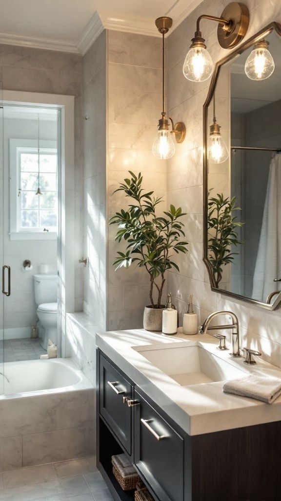 Modern bathroom with elegant vanity, marble tiles, brass fixtures, and natural light.
