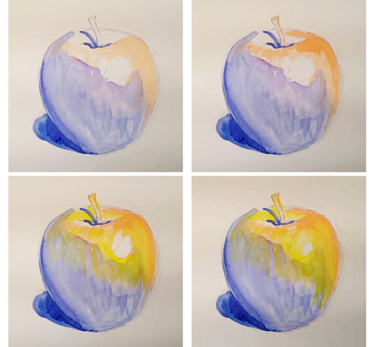 Four watercolor apples in various blues, purples, and yellows on a white background, each with unique shading and highlights.