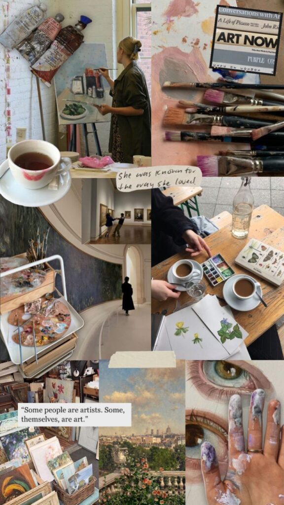 Artistic inspiration collage: painting, brushes, coffee, art books, quotes, gallery, and vibrant scenery.