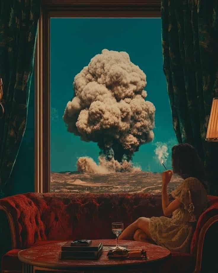 Woman in vintage room observing a large explosion outside window, sitting on red sofa with drink on table.