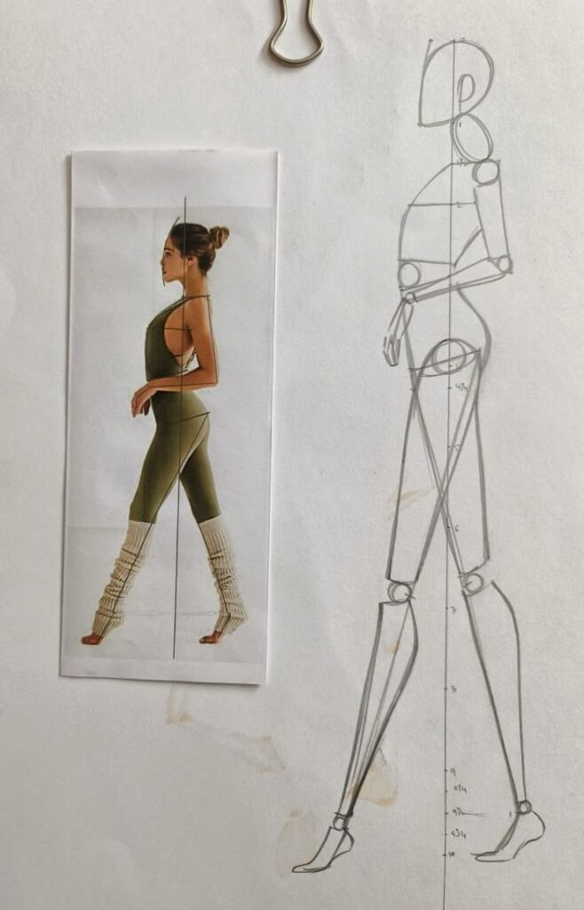 Fashion illustration and sketch side by side, showcasing figure proportions and pose in green outfit with legwarmers.
