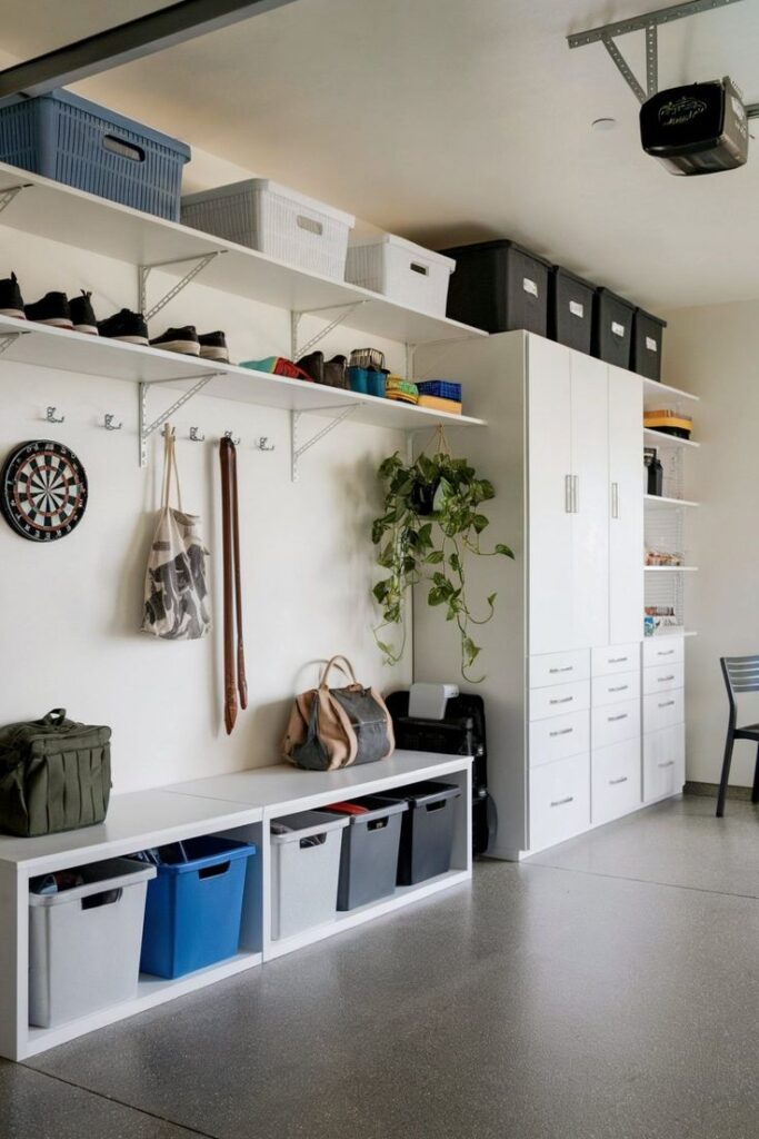 Organized garage with storage bins, shelves, cabinets, and a dartboard on a clean, modern wall.
