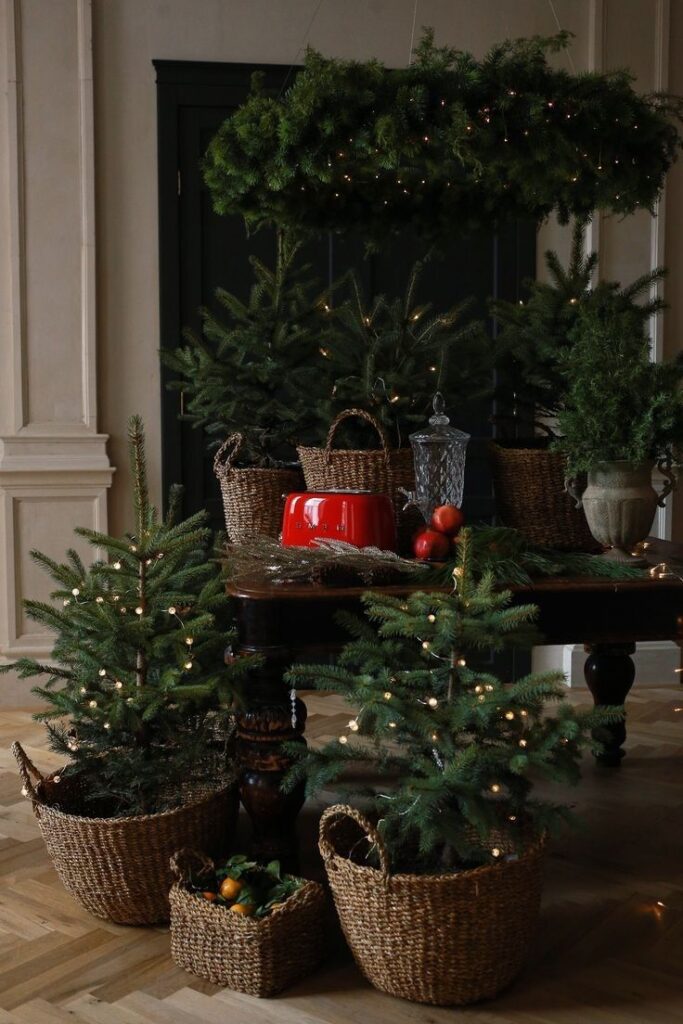 Festive decor with pine trees and lights in baskets, featuring a red accent on a wooden table.