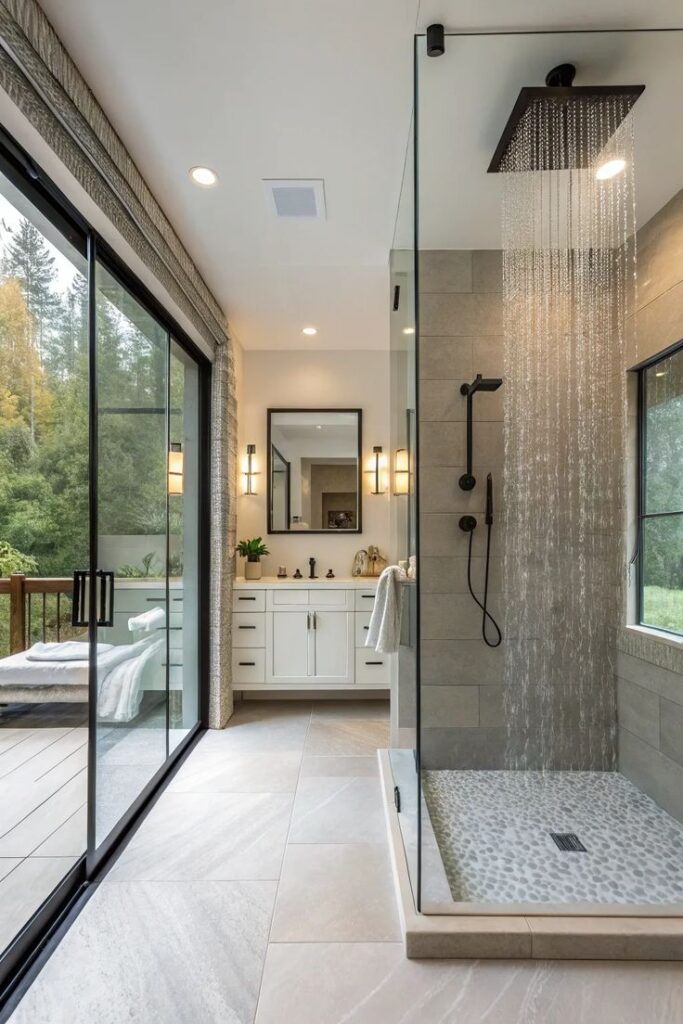14+ Stunning Walk-In Shower with Glass Wall Ideas Modern bathroom with glass shower, rainfall showerhead, and outdoor deck view through sliding glass doors. | Sky Rye Design Modern bathroom with glass shower, rainfall showerhead, and outdoor deck view through sliding glass doors.