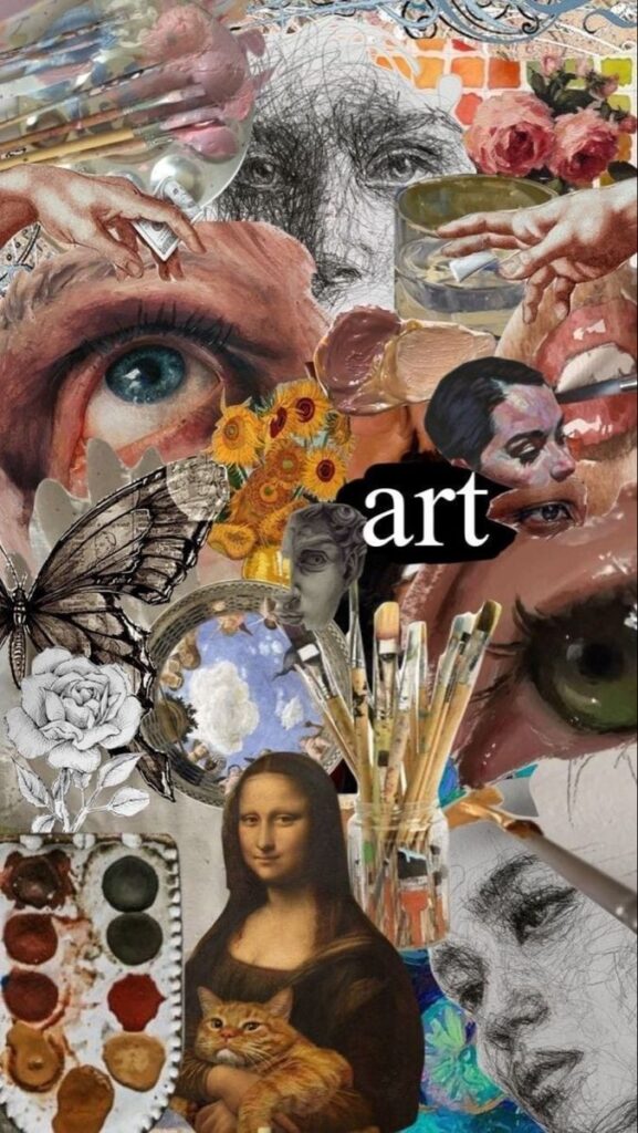 Artistic collage featuring paintings, brushes, and sketches, highlighting creativity and diverse art styles.
