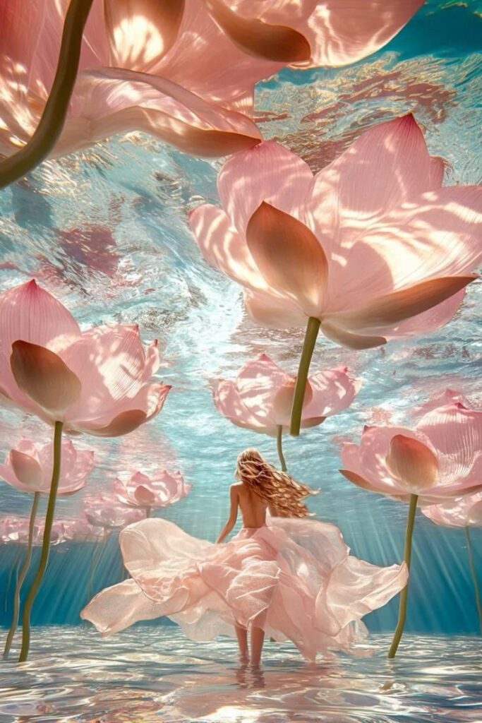 Dreamy scene with woman in flowing dress walking underwater amidst large, ethereal pink lotus flowers.