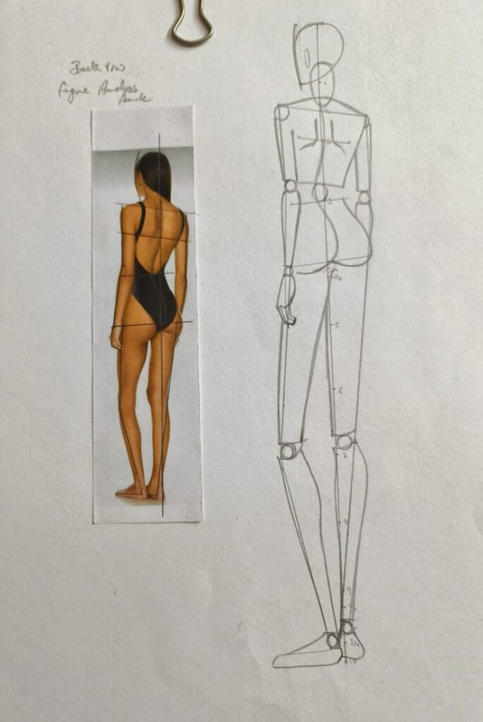 Sketch and reference image for female figure drawing, showcasing anatomy and proportions study.